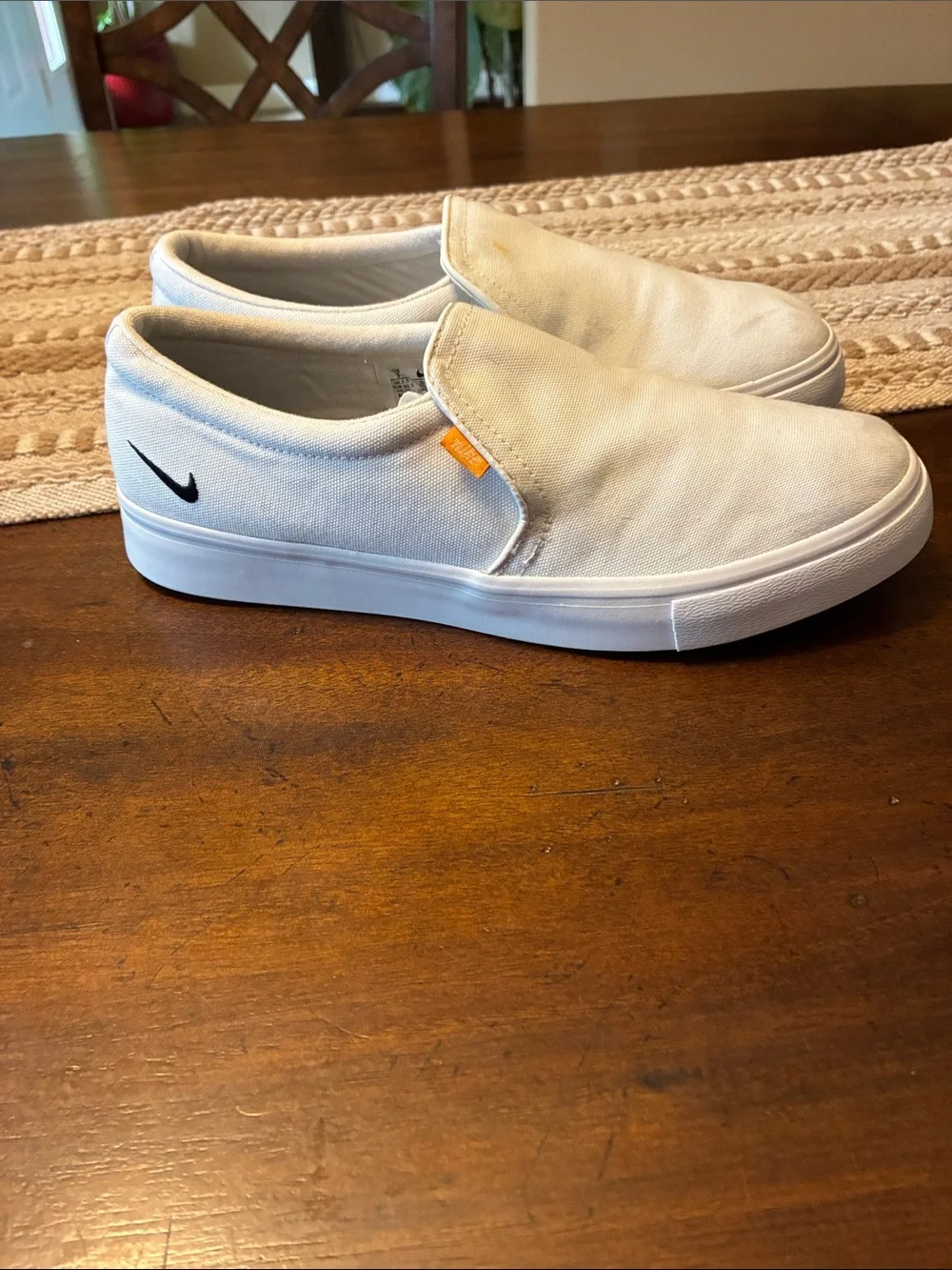 Nike White Canvas Court Royale Slip-On Loafers with Black Swoosh